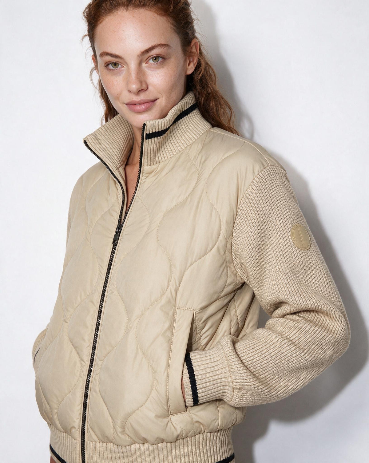 Wave Quilted Knit-Sleeve Bomber Jacket