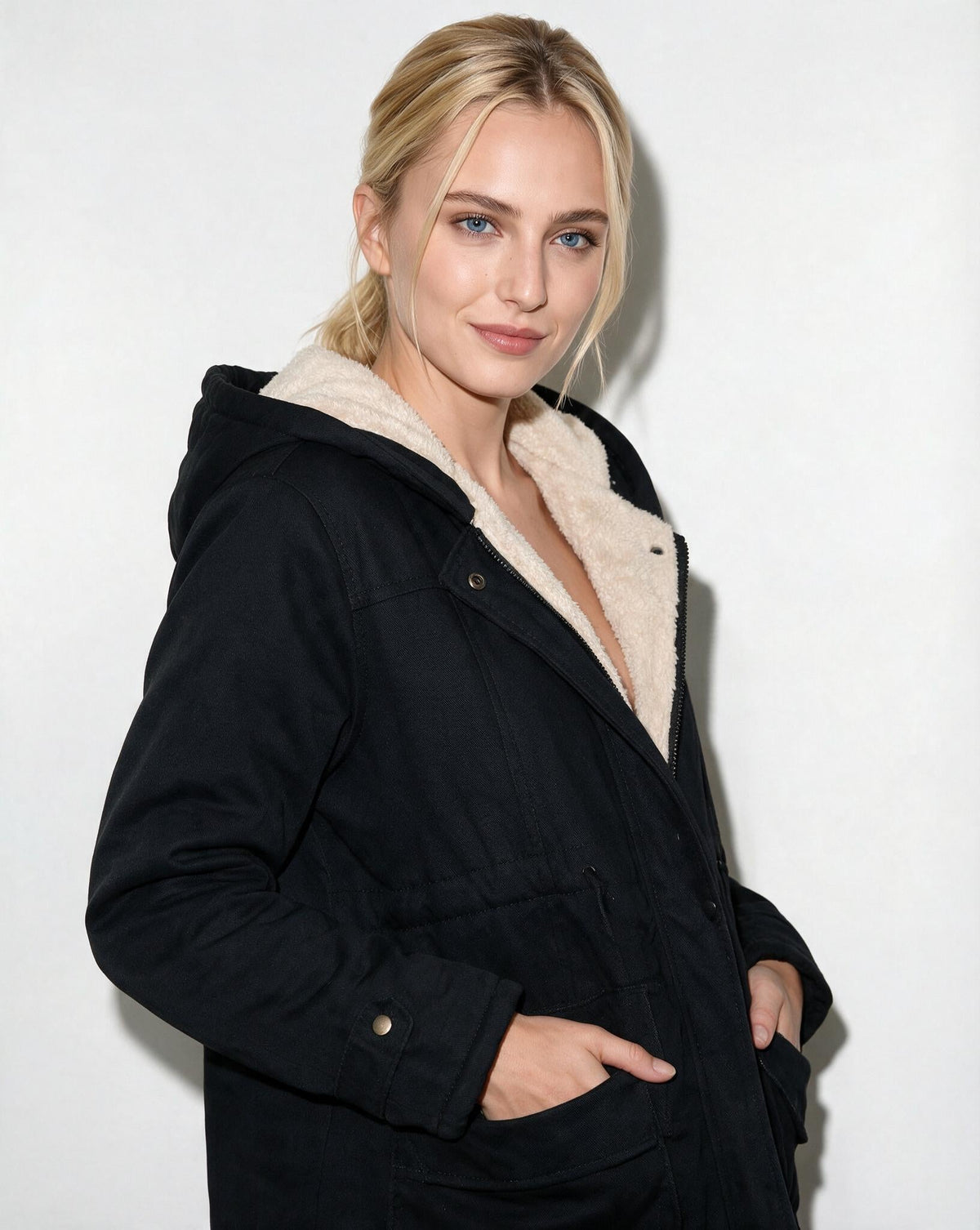 Zip-Front Sherpa-Lined Hooded Coat