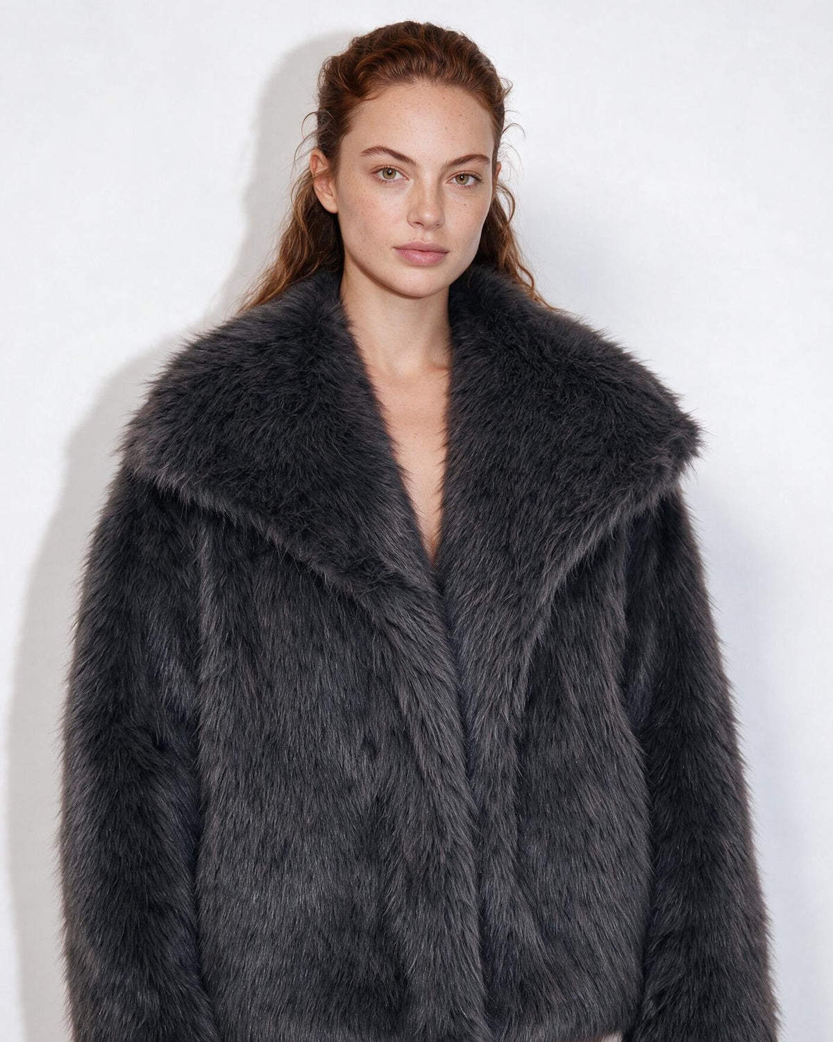 Shawl Collar Dolman Sleeve Faux Fur Jacket