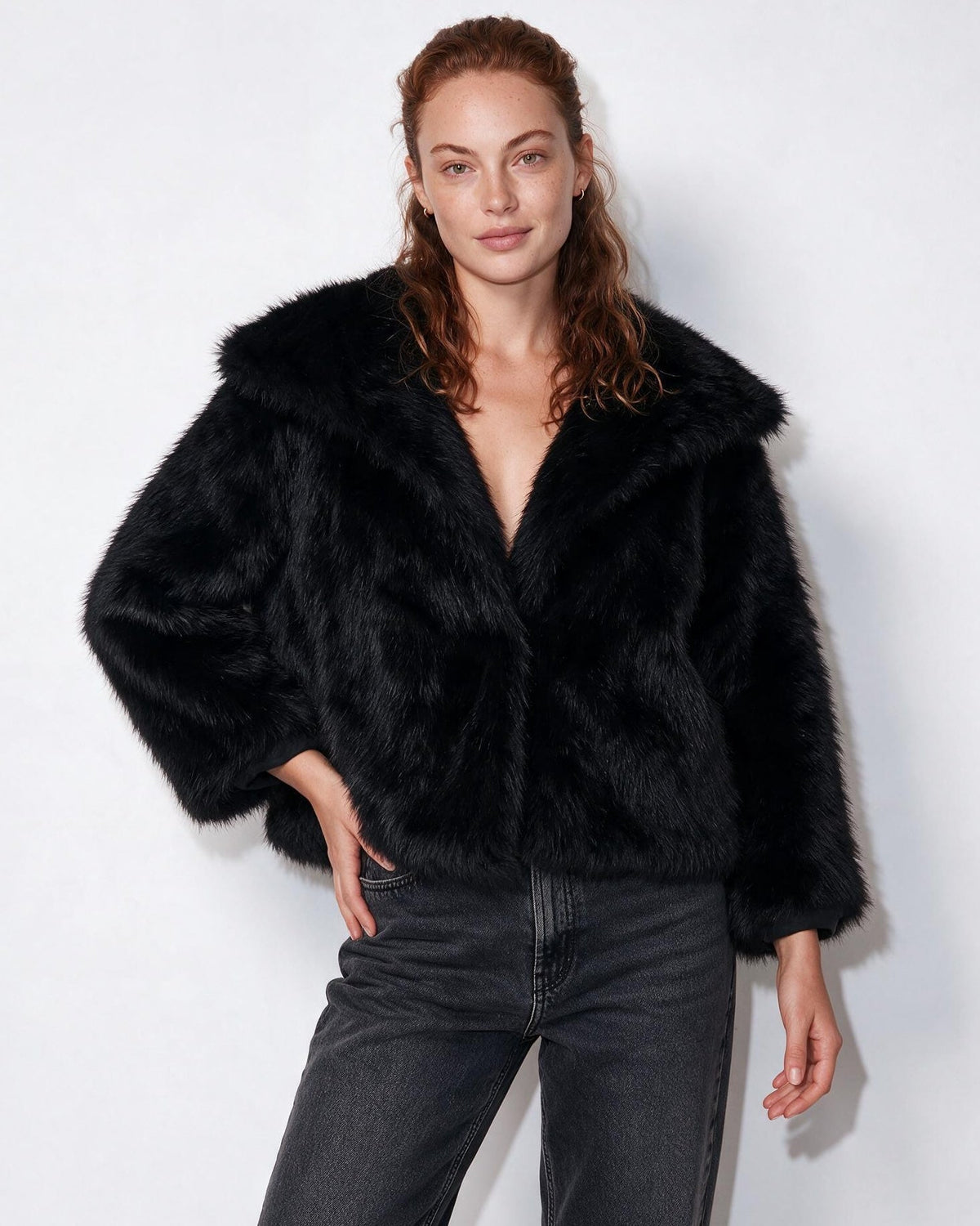 Shawl Collar Dolman Sleeve Faux Fur Jacket