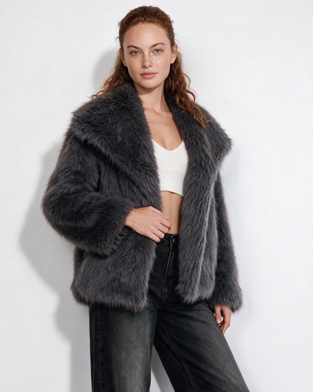 Shawl Collar Dolman Sleeve Faux Fur Jacket