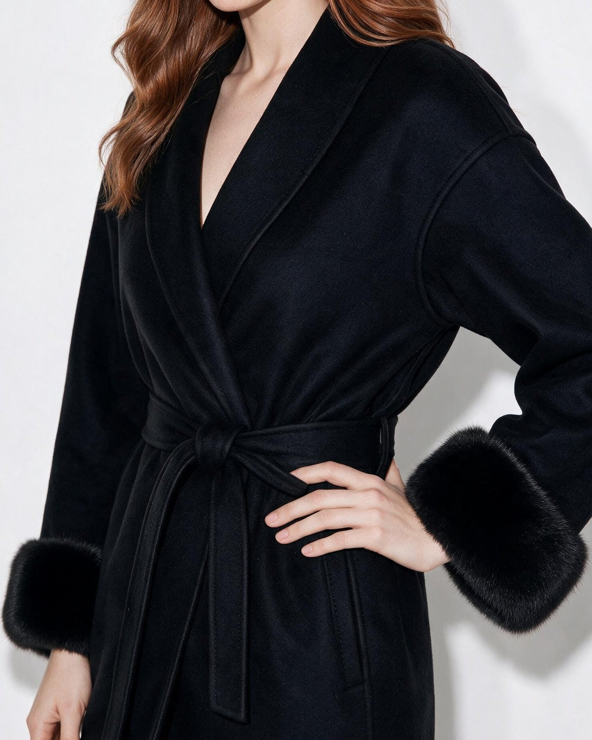 Wool Faux Fur Cuff Wrap Coat