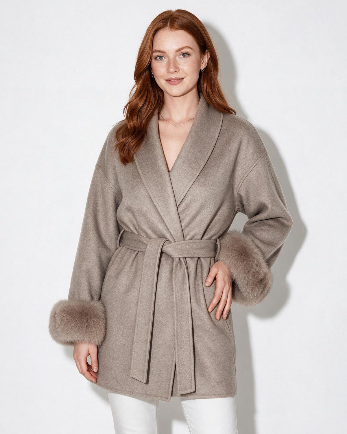 Wool Faux Fur Cuff Wrap Coat
