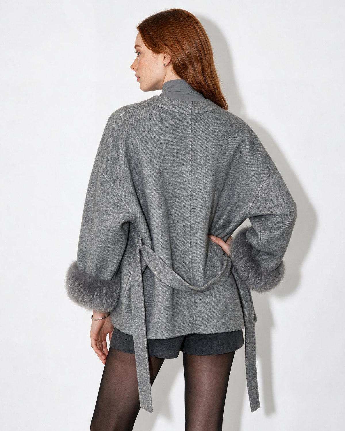 Wool Faux Fur Cuff Wrap Coat