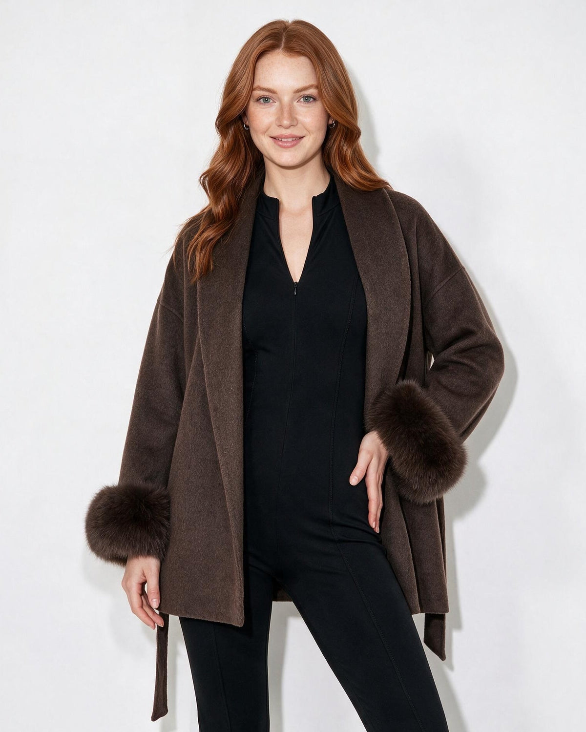 Wool Faux Fur Cuff Wrap Coat