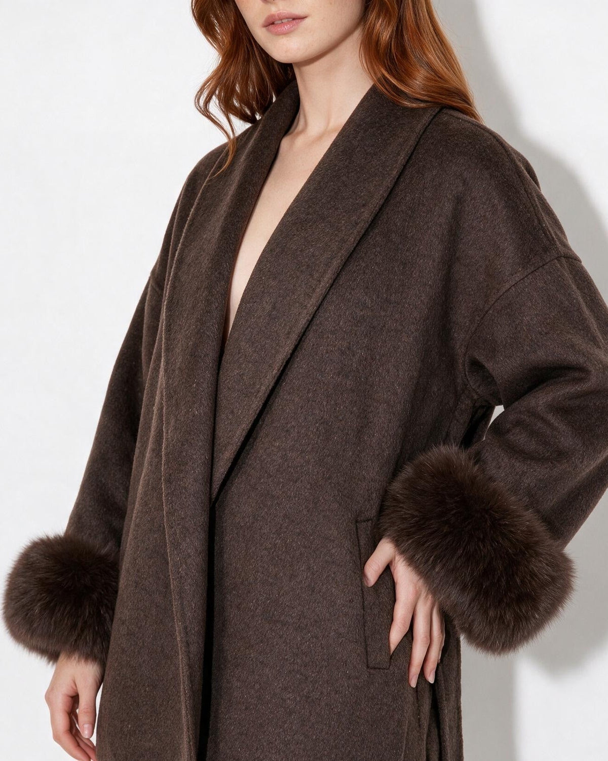 Wool Faux Fur Cuff Wrap Coat