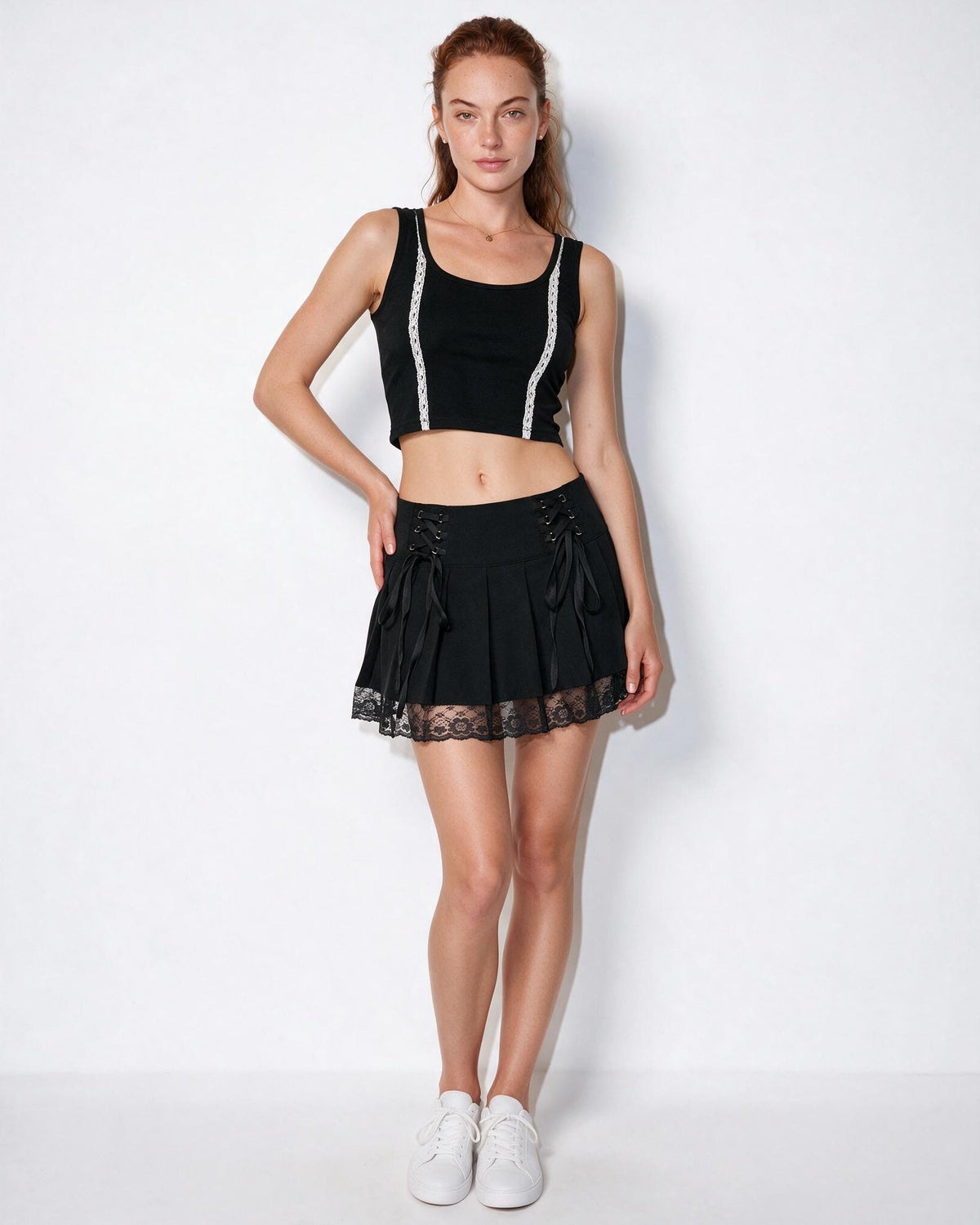 High-Waisted Lace-Up Pleated Mini Skirt
