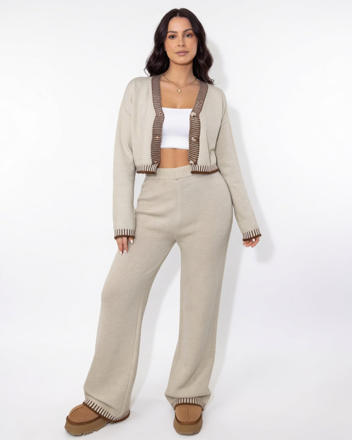 Contrast-Stitch Cropped Cardigan Co-Ord