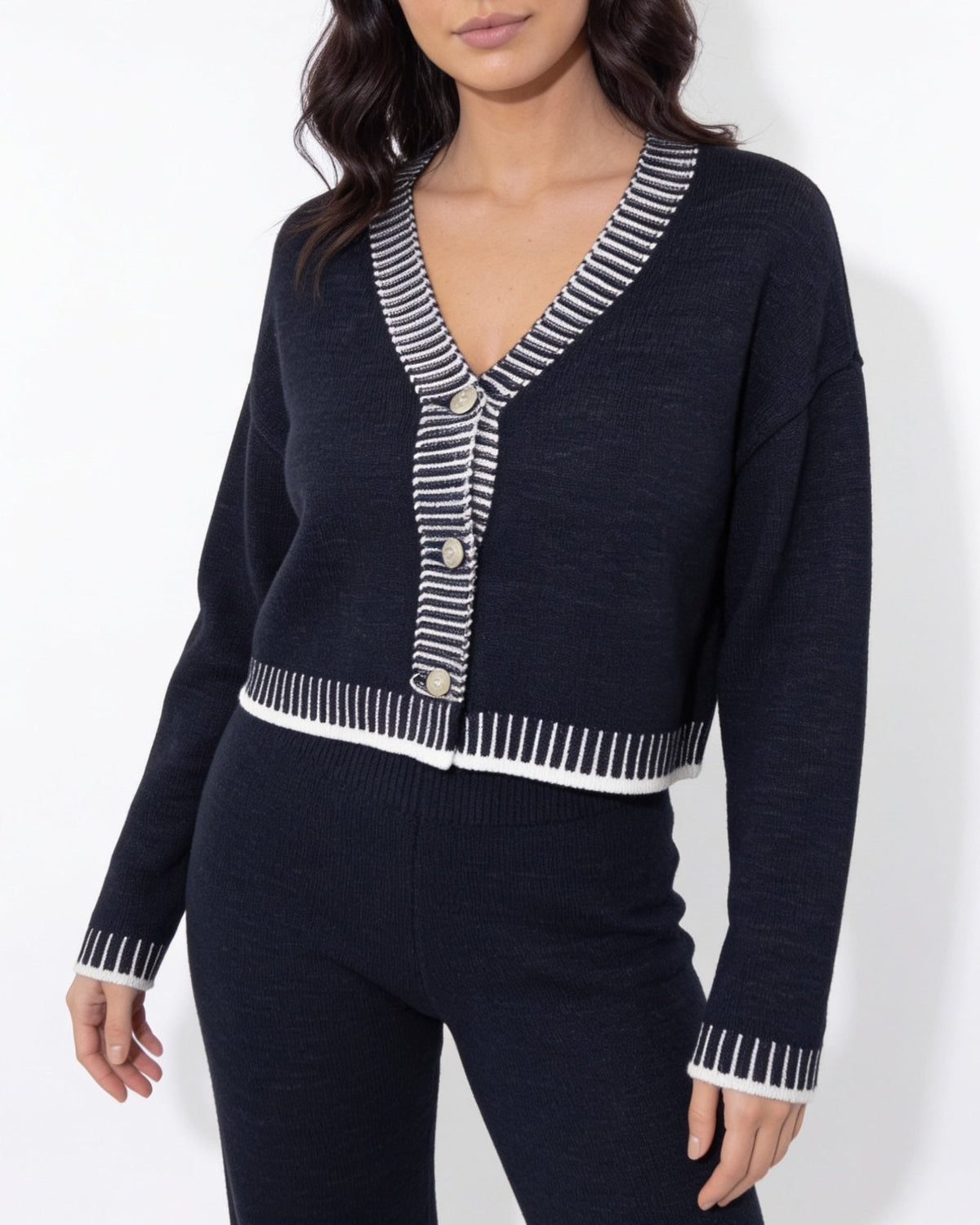 Contrast-Stitch Cropped Cardigan Co-Ord