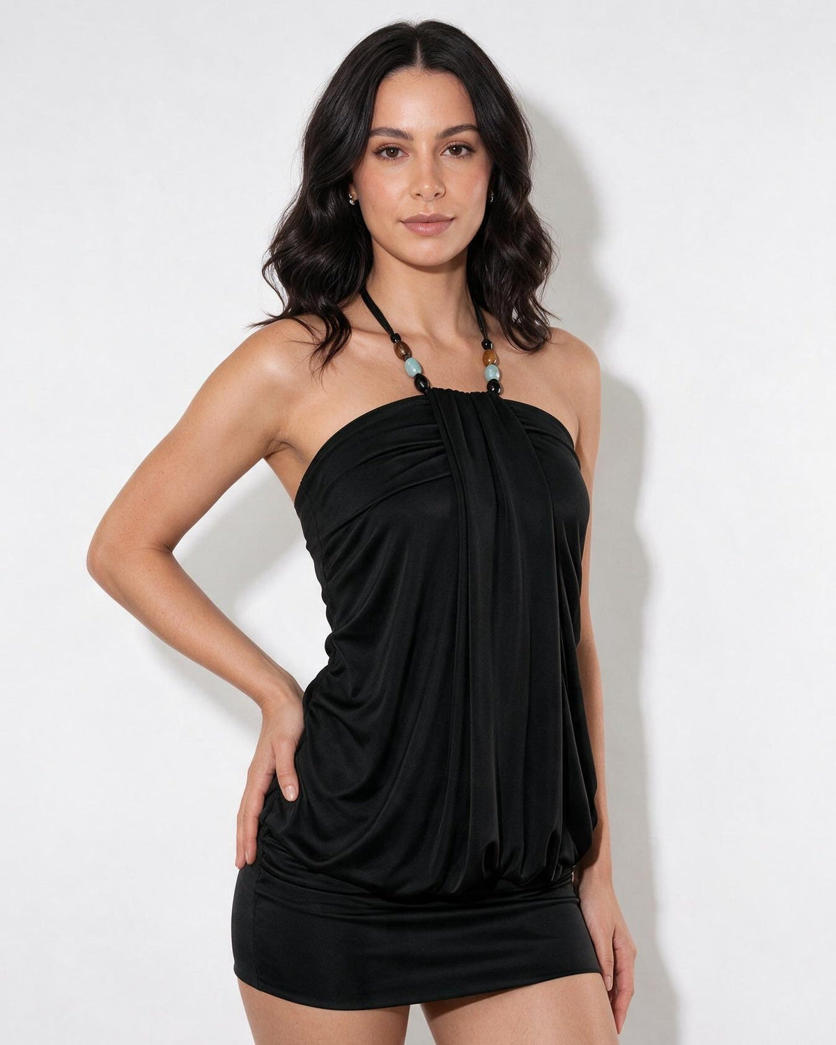 Beaded Halterneck Blouson Mini Dress
