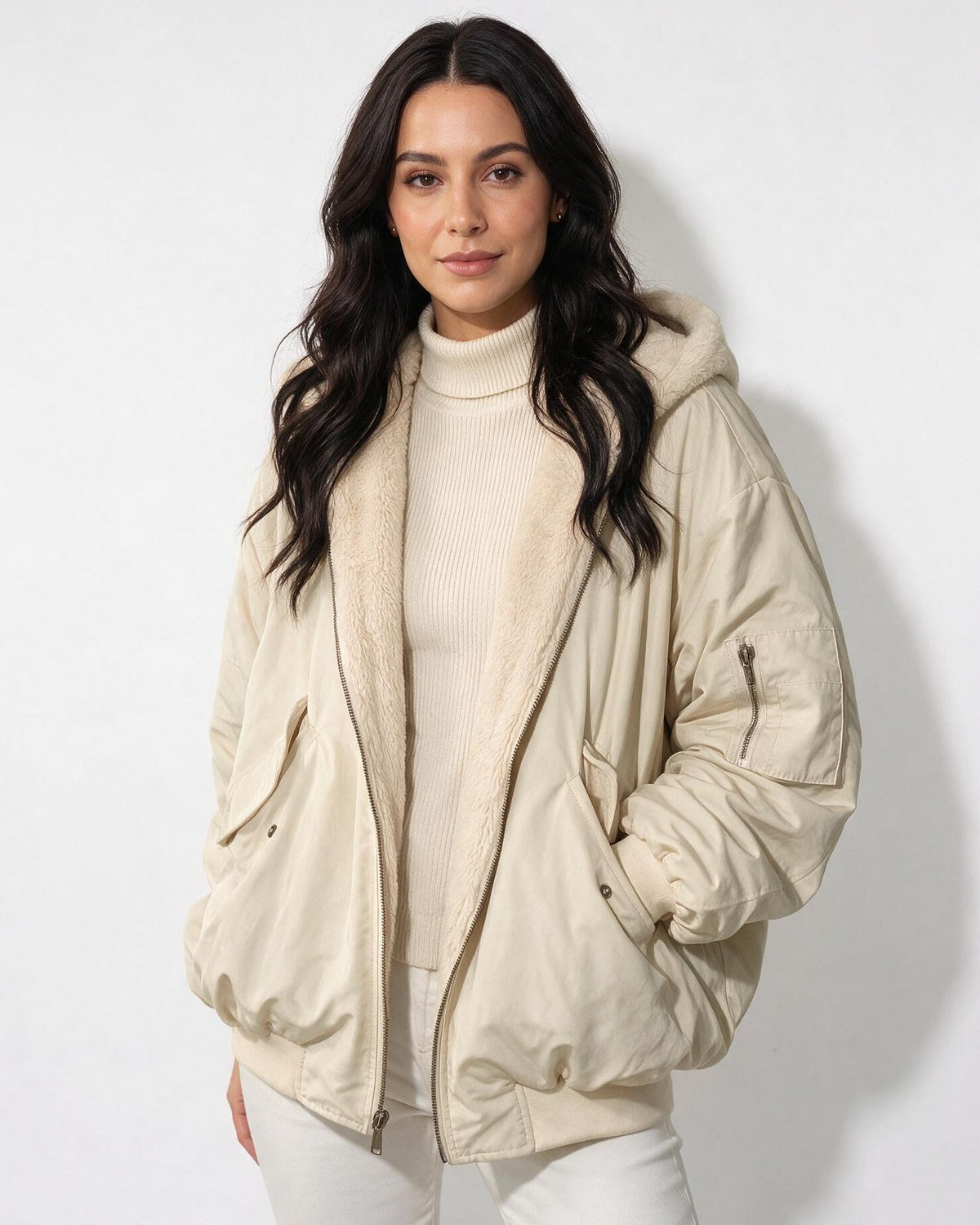 Oversized Sherpa-Lined Hooded Bomber Jacket