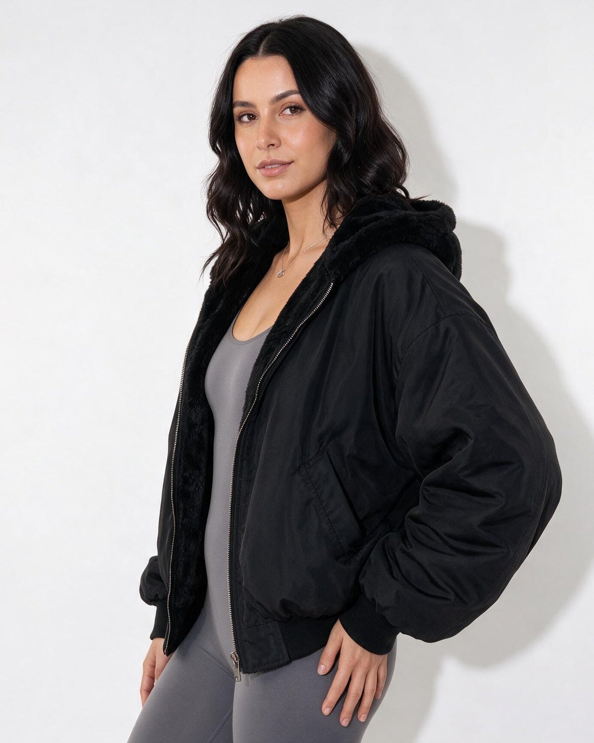 Oversized Sherpa-Lined Hooded Bomber Jacket