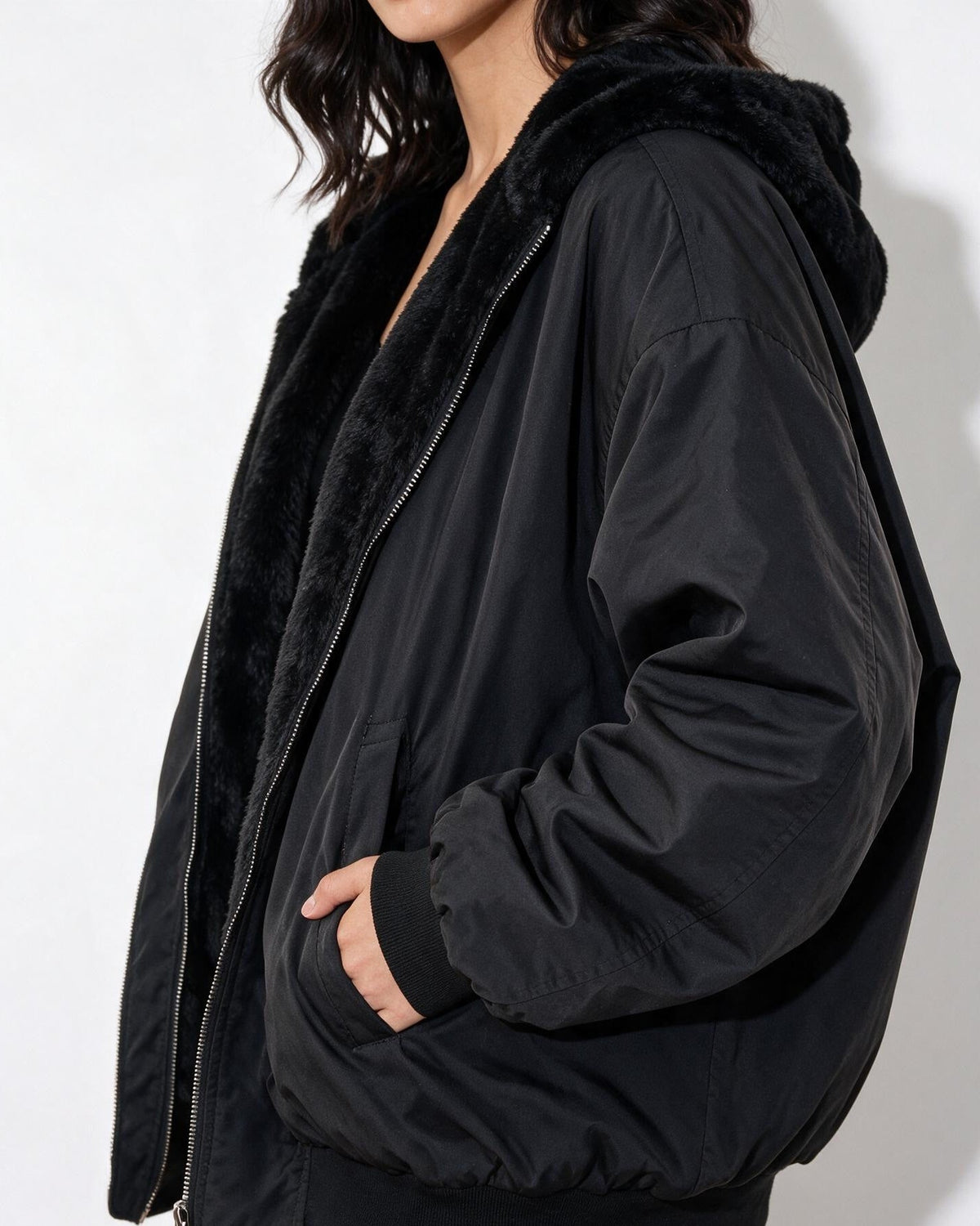 Oversized Sherpa-Lined Hooded Bomber Jacket