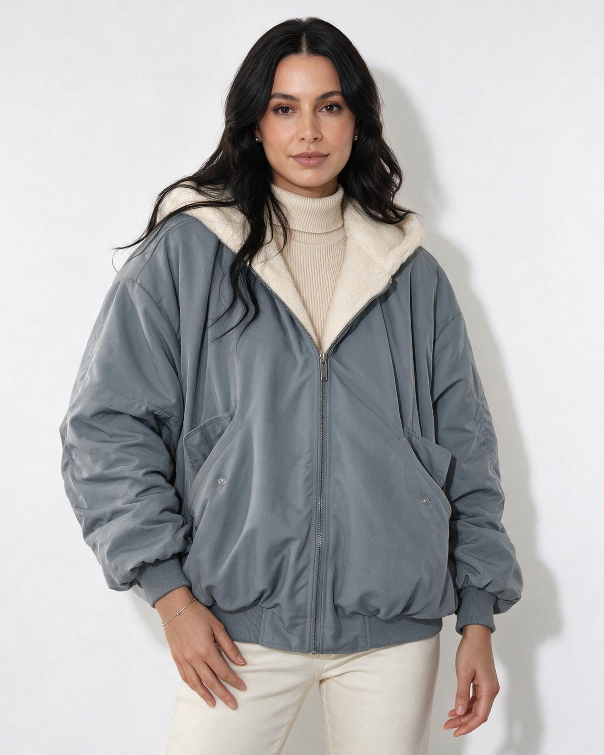 Oversized Sherpa-Lined Hooded Bomber Jacket