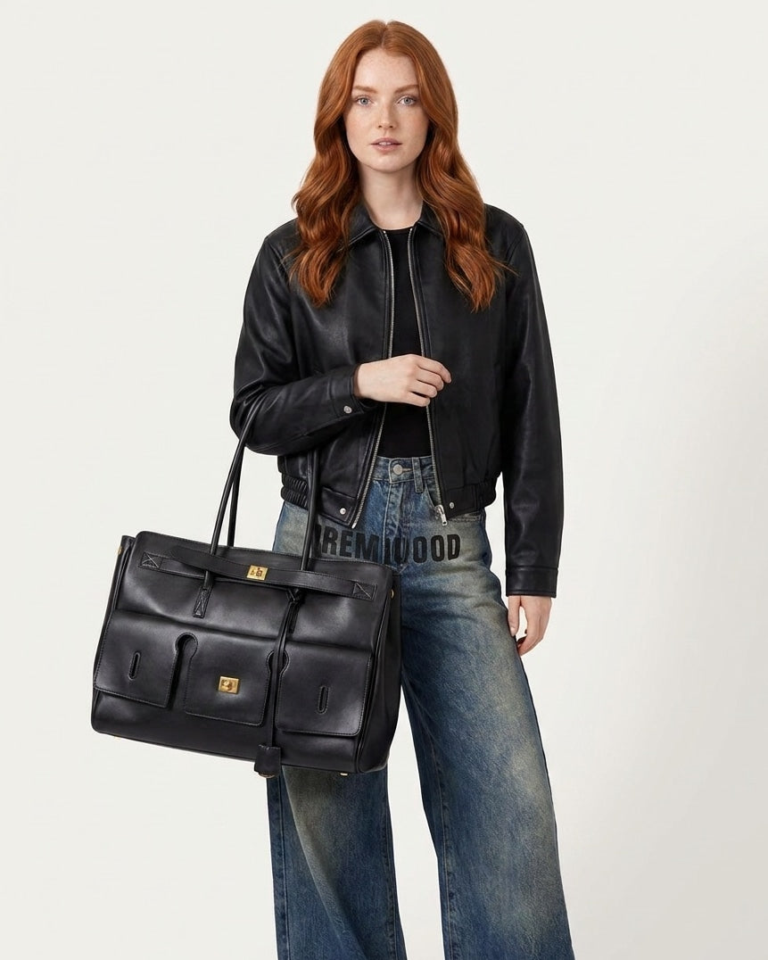 Flap-Pocket Leather Tote Bag