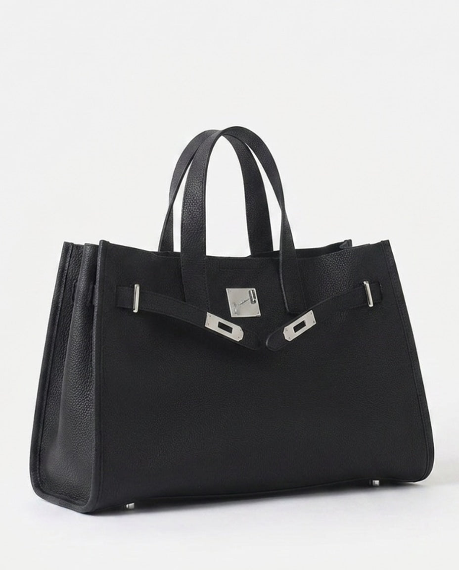 Pleated-Side Structured Tote Bag