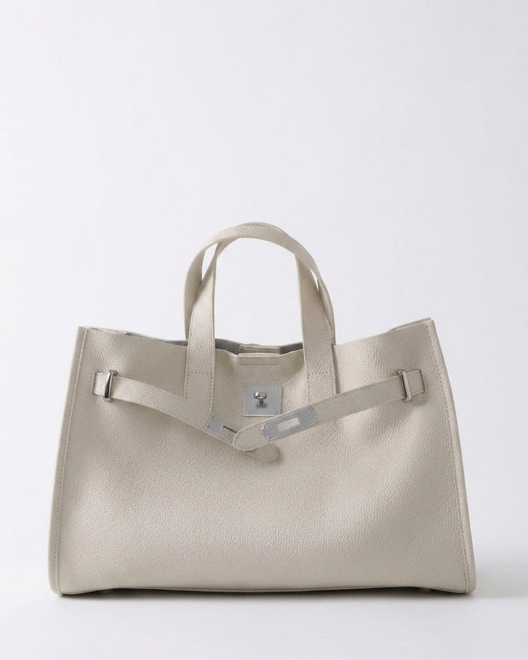 Pleated-Side Structured Tote Bag