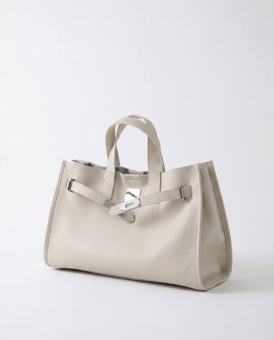 Pleated-Side Structured Tote Bag
