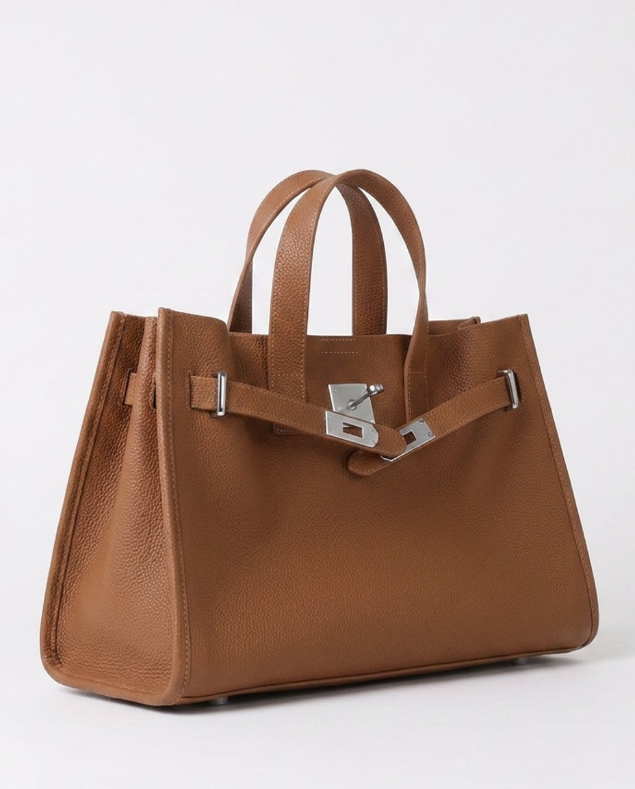 Pleated-Side Structured Tote Bag