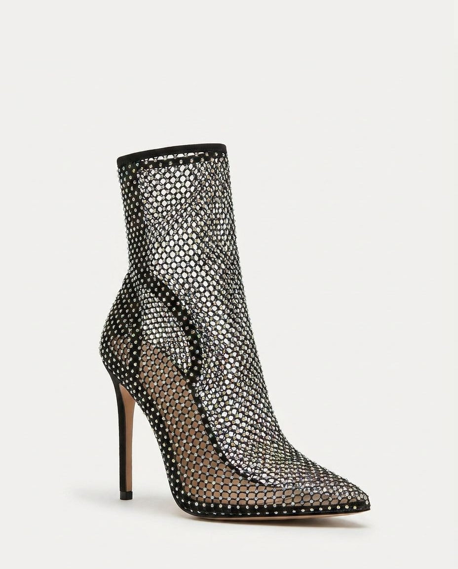 Rhinestone Mesh Stiletto Ankle Boots