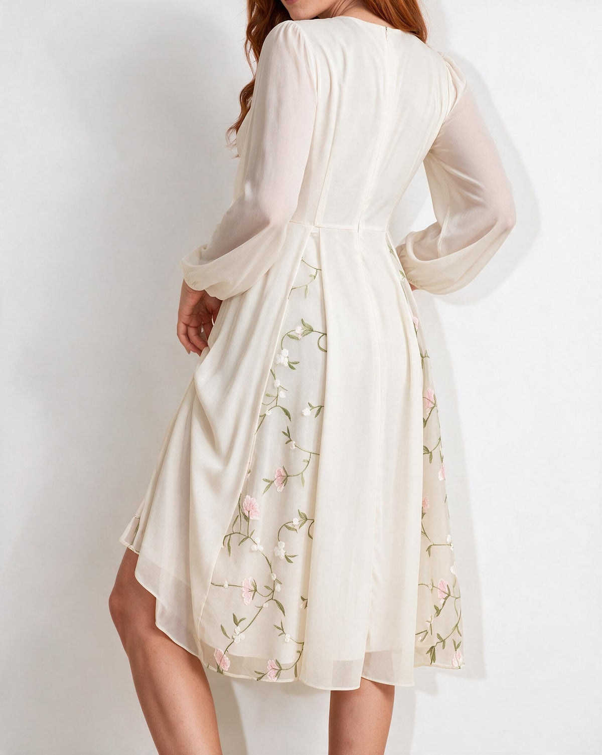 Floral Embroidered Long-Sleeve Midi Dress