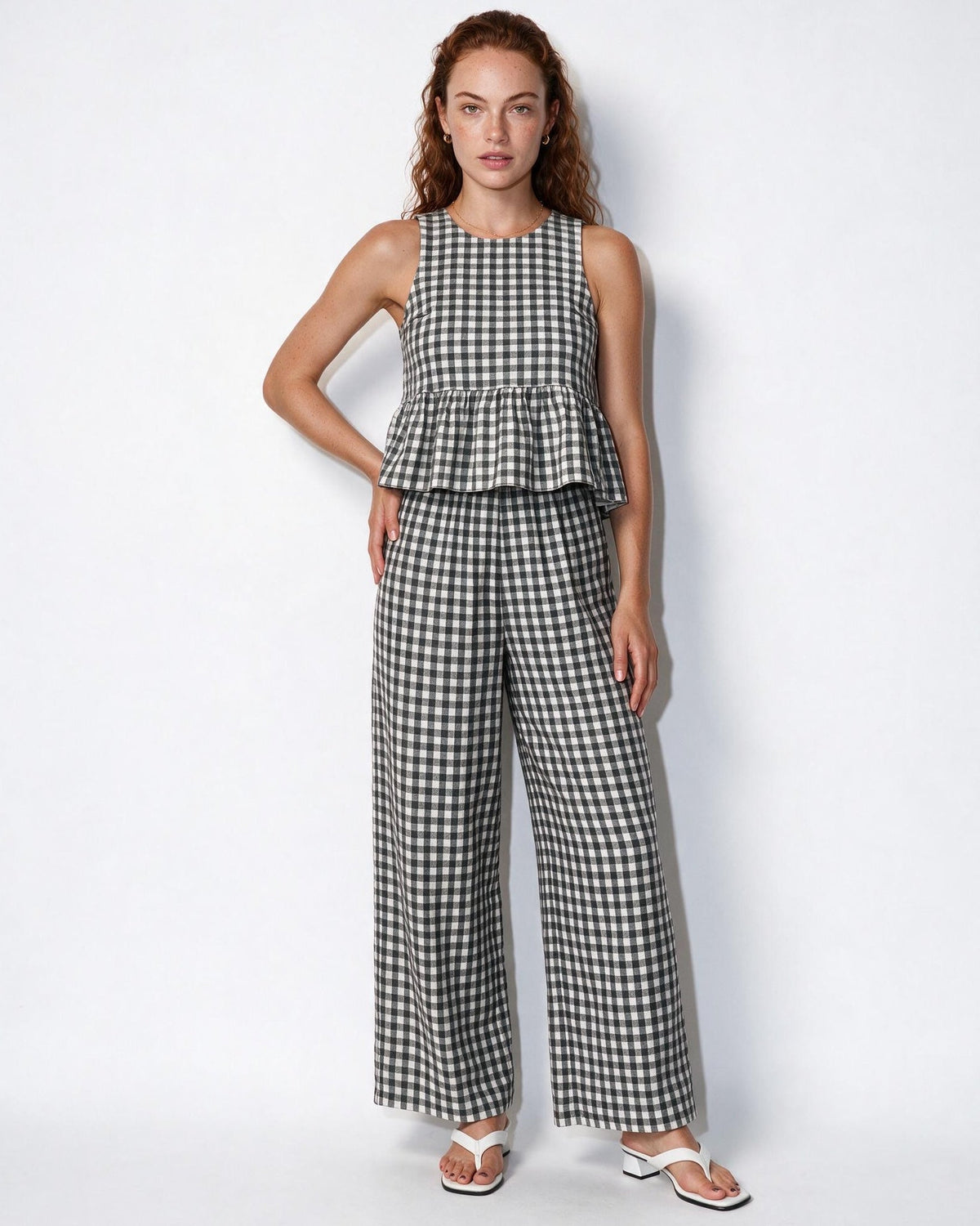 Gingham Peplum Wide-Leg Co-ord