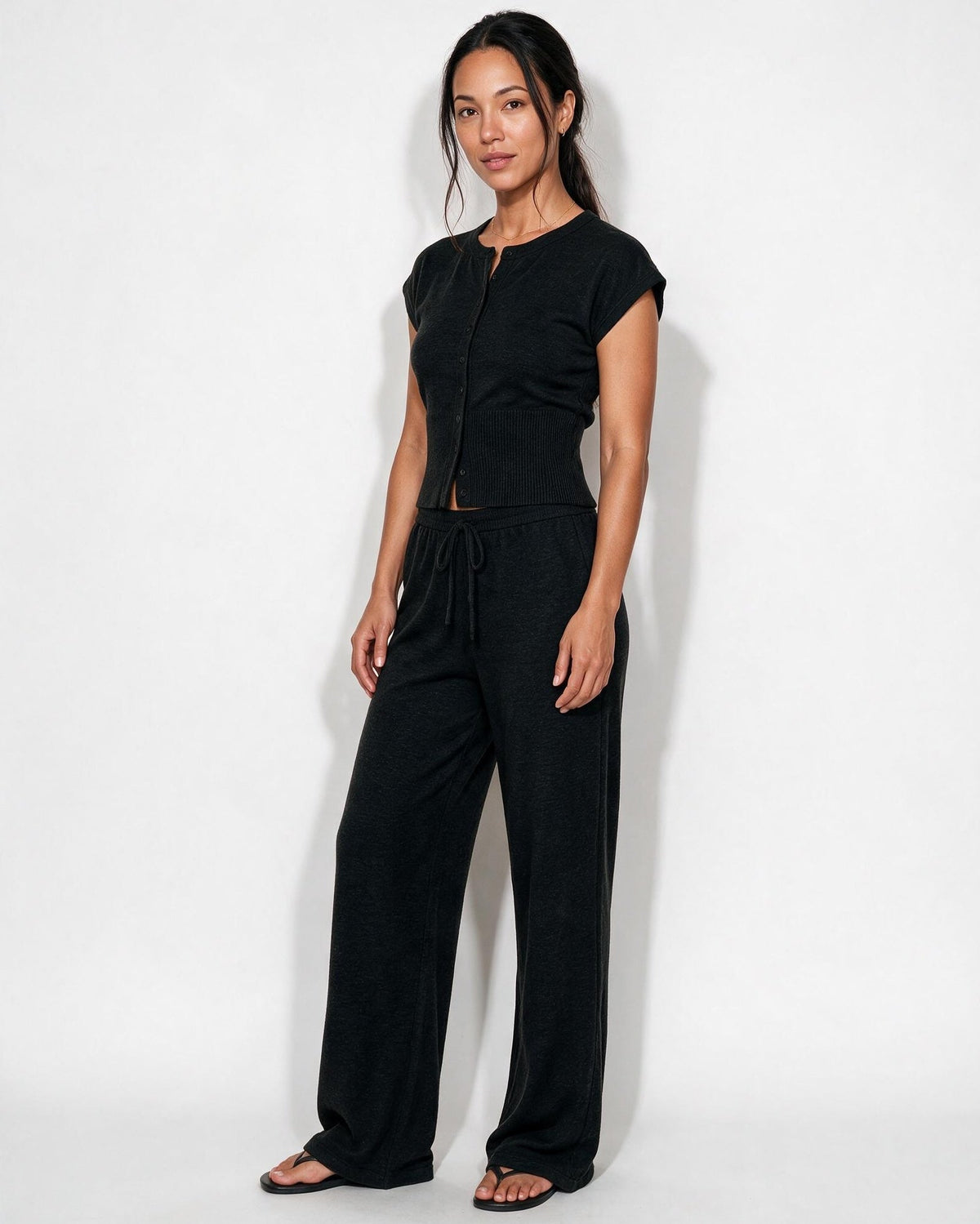 Knit Button-Front Wide-Leg Loungewear