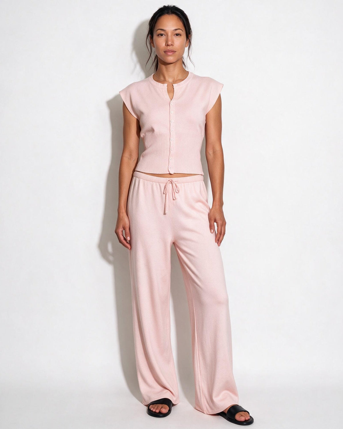 Knit Button-Front Wide-Leg Loungewear