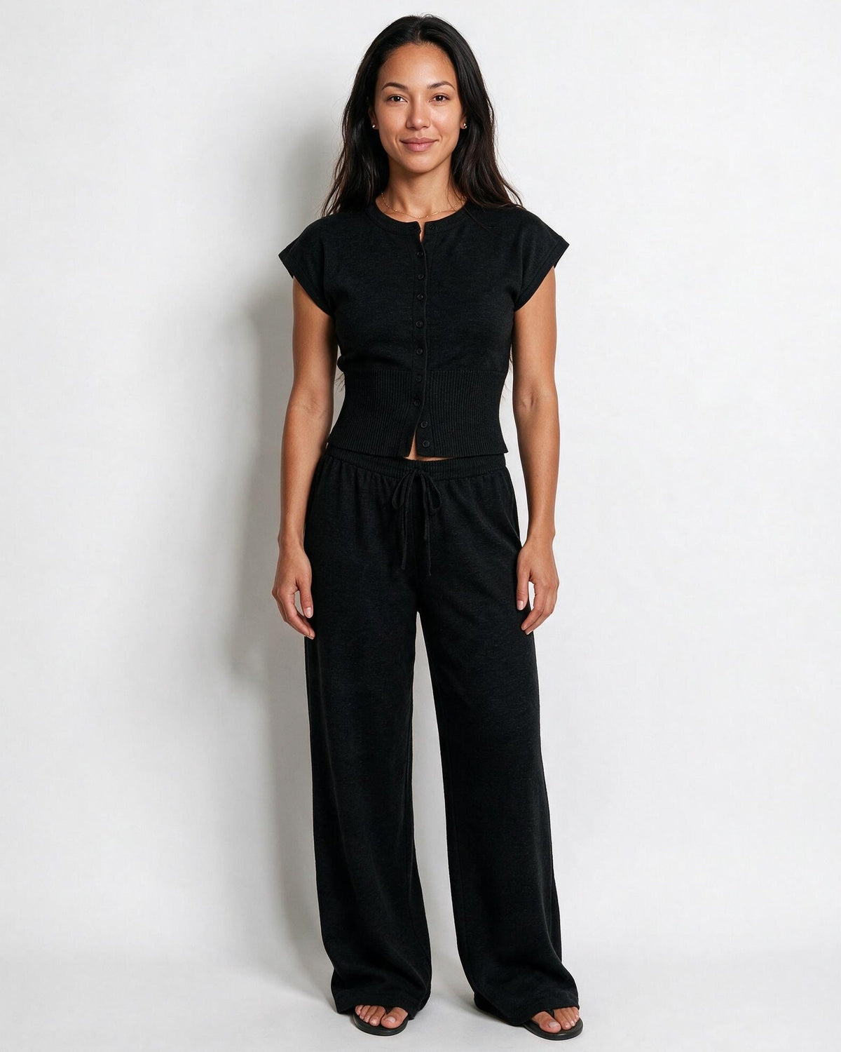 Knit Button-Front Wide-Leg Loungewear