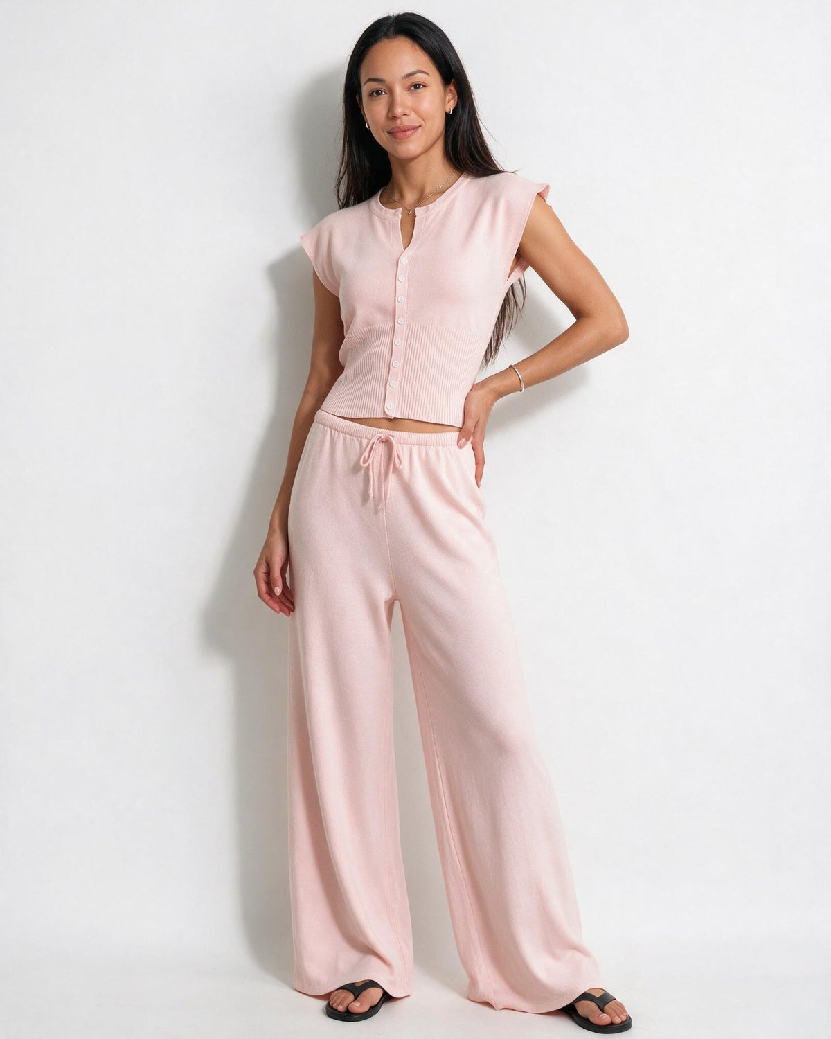 Knit Button-Front Wide-Leg Loungewear