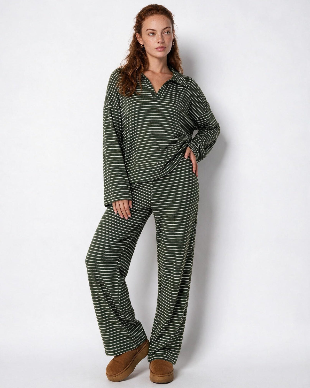 Striped Polo Collar Lounge Set