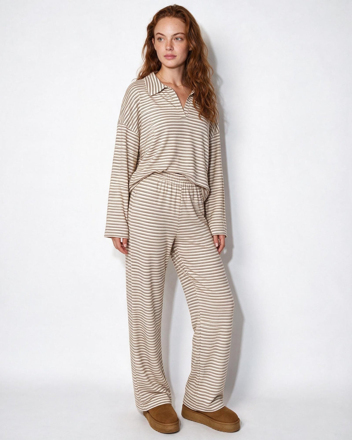 Striped Polo Collar Lounge Set
