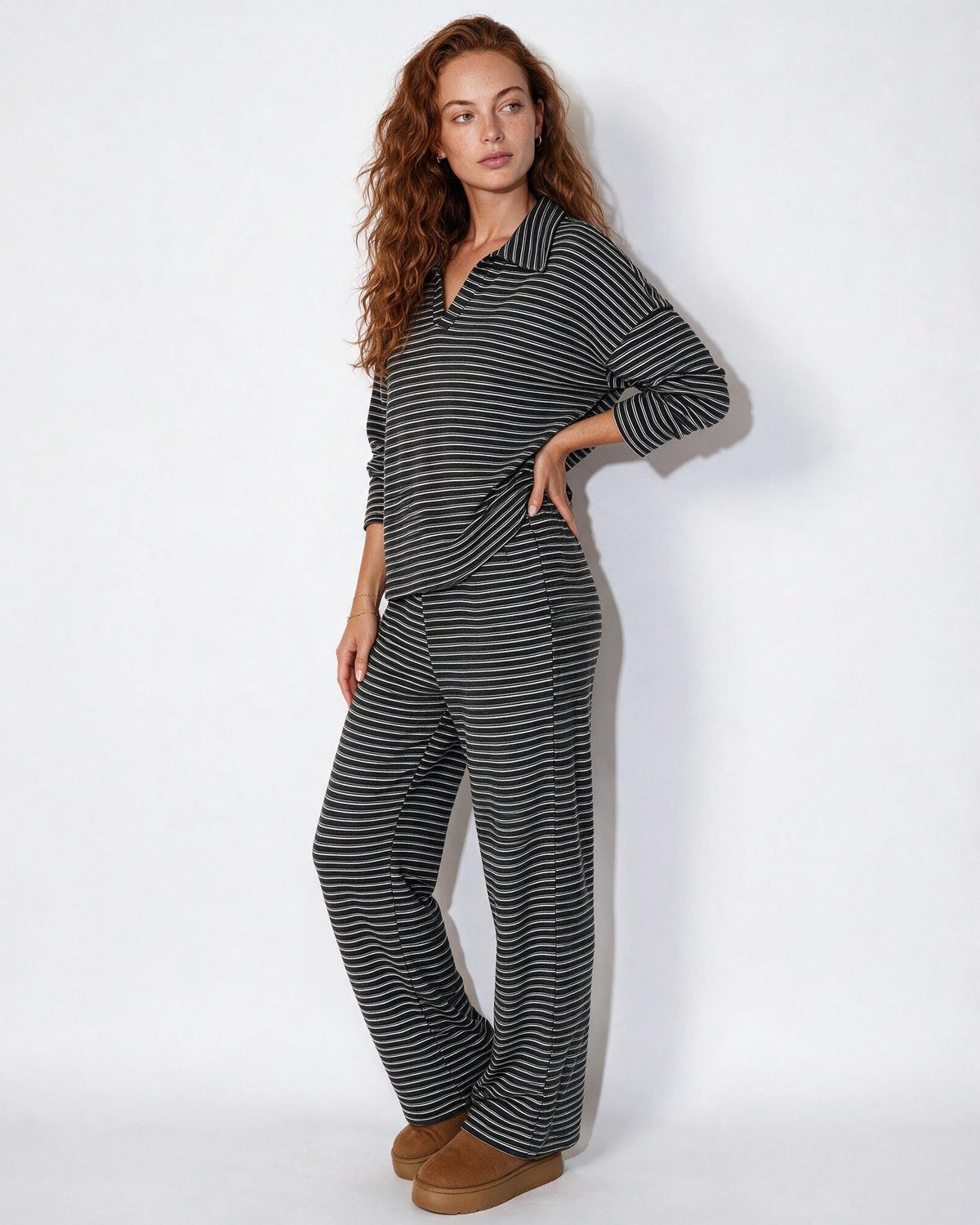 Striped Polo Collar Lounge Set