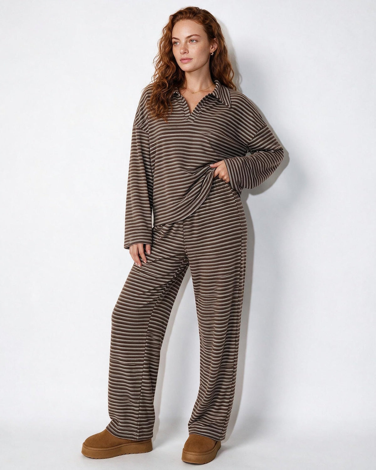 Striped Polo Collar Lounge Set