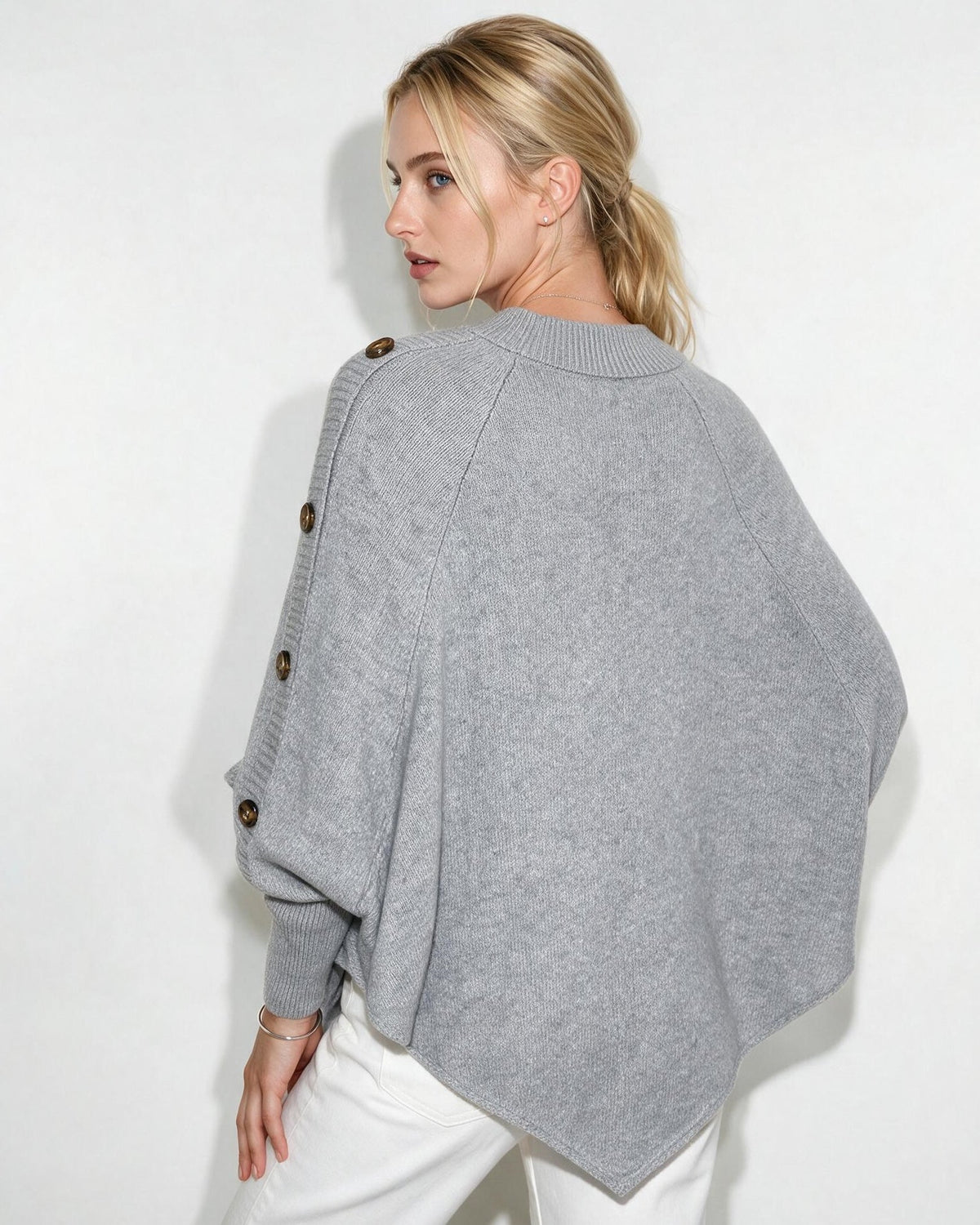 Cable-Knit Button-Shoulder Poncho Jumper