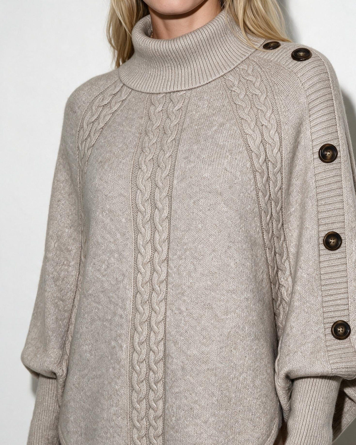 Cable-Knit Button-Shoulder Poncho Jumper