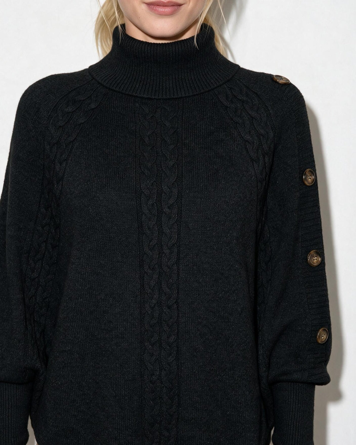 Cable-Knit Button-Shoulder Poncho Jumper