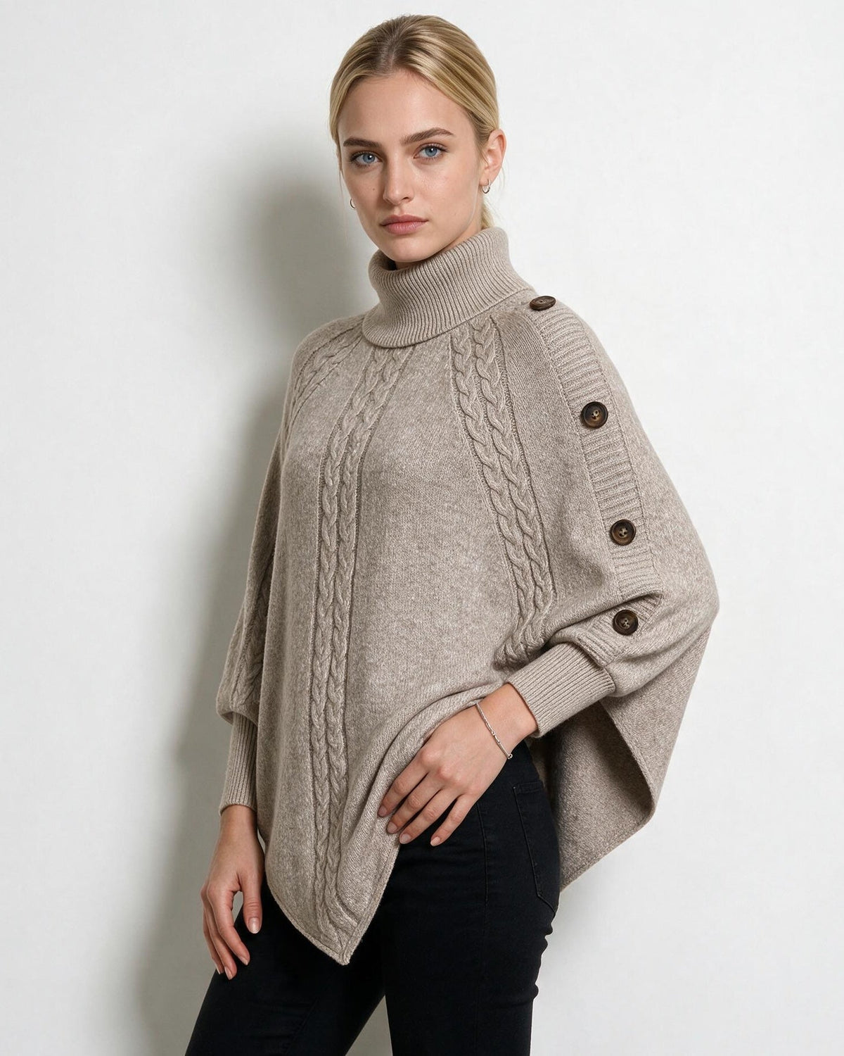 Cable-Knit Button-Shoulder Poncho Jumper