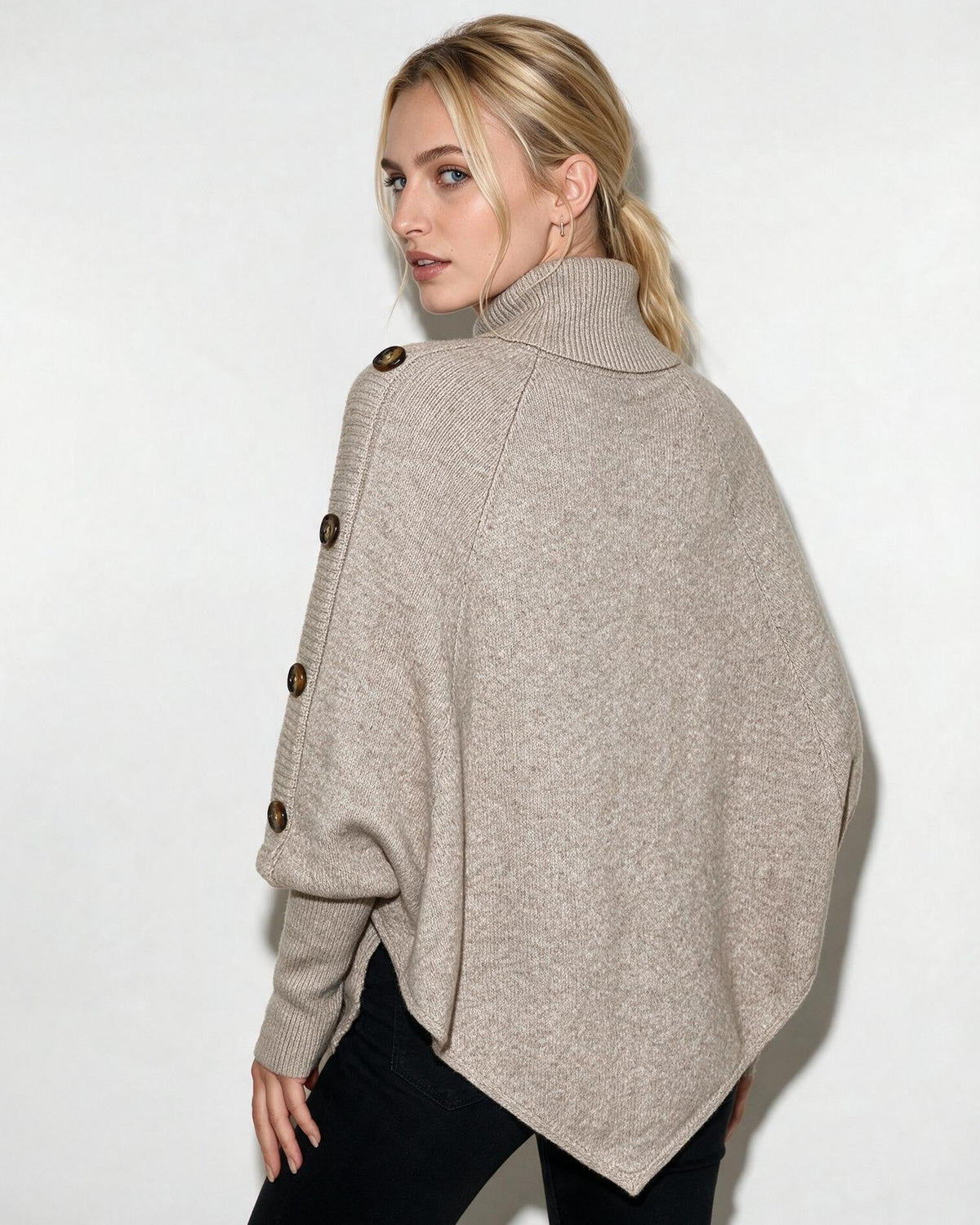 Cable-Knit Button-Shoulder Poncho Jumper
