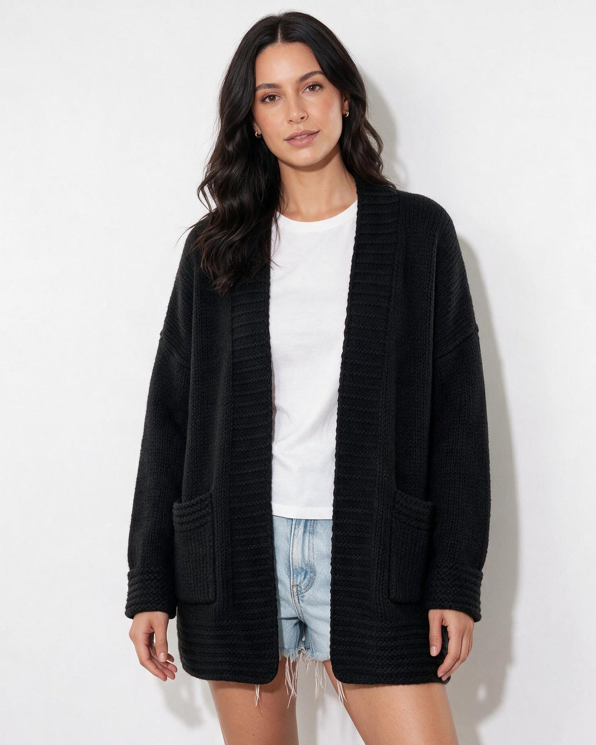 Ribbed Shawl Collar Longline Cardigan