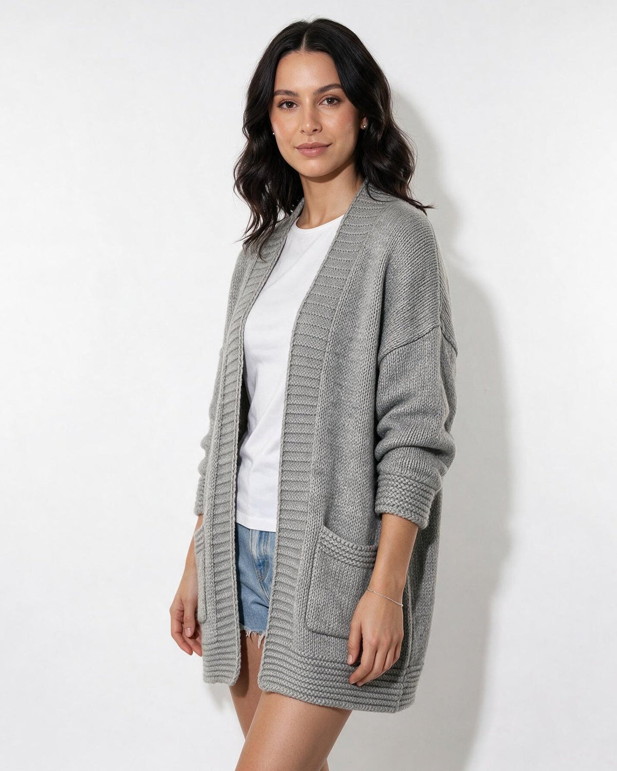 Ribbed Shawl Collar Longline Cardigan