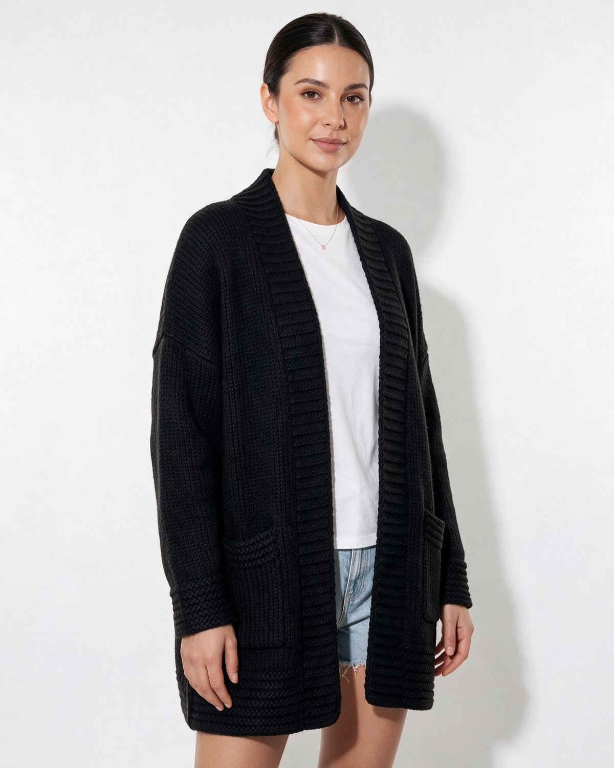 Ribbed Shawl Collar Longline Cardigan