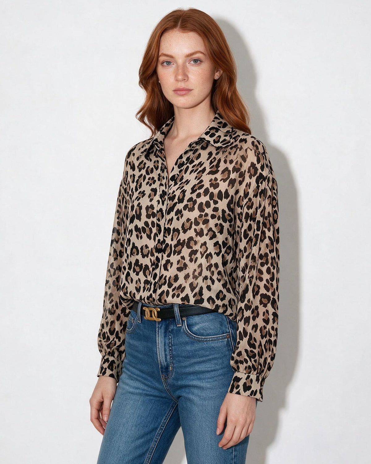 Leopard Print Collared Button-Front Blouse