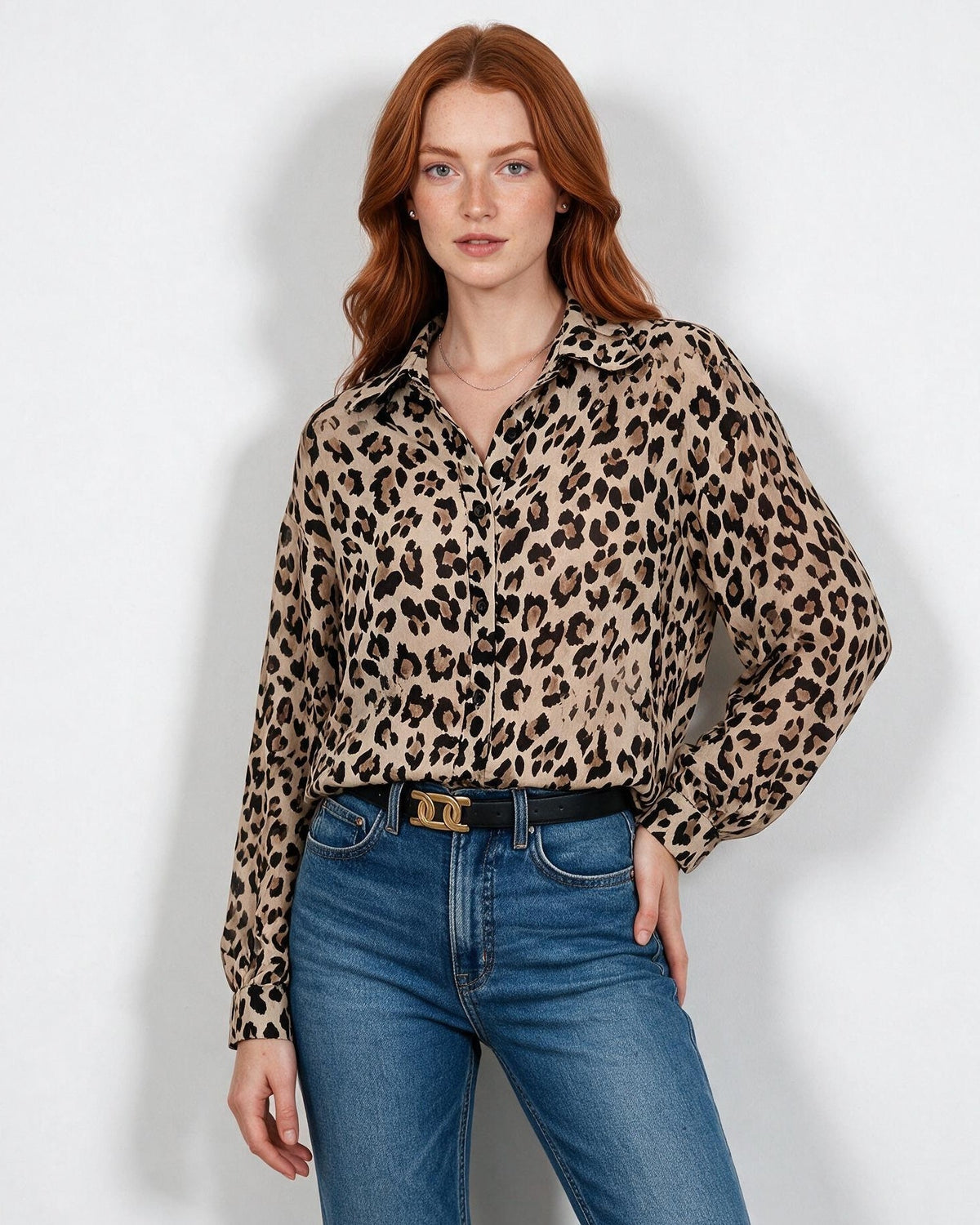 Leopard Print Collared Button-Front Blouse