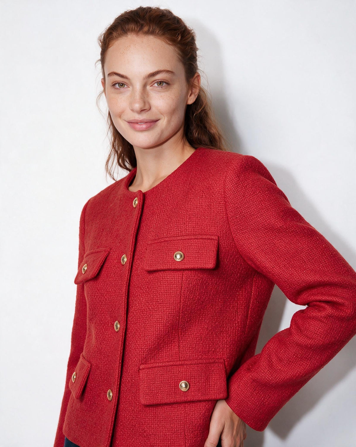 Collarless Four-Pocket Cropped Jacket