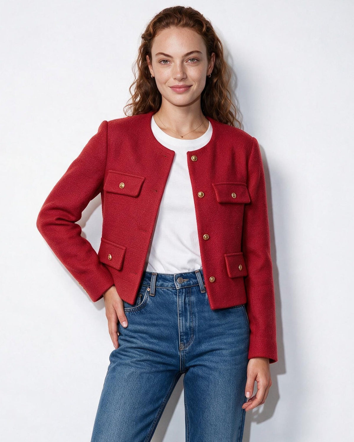 Collarless Four-Pocket Cropped Jacket