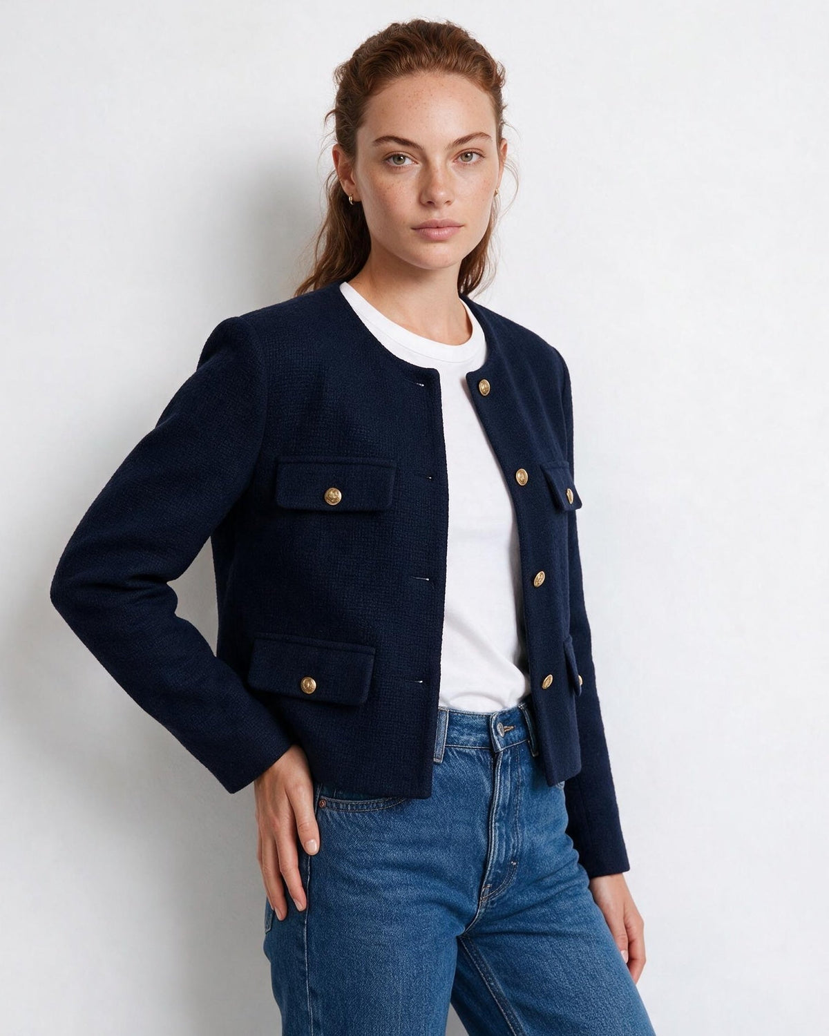 Collarless Four-Pocket Cropped Jacket