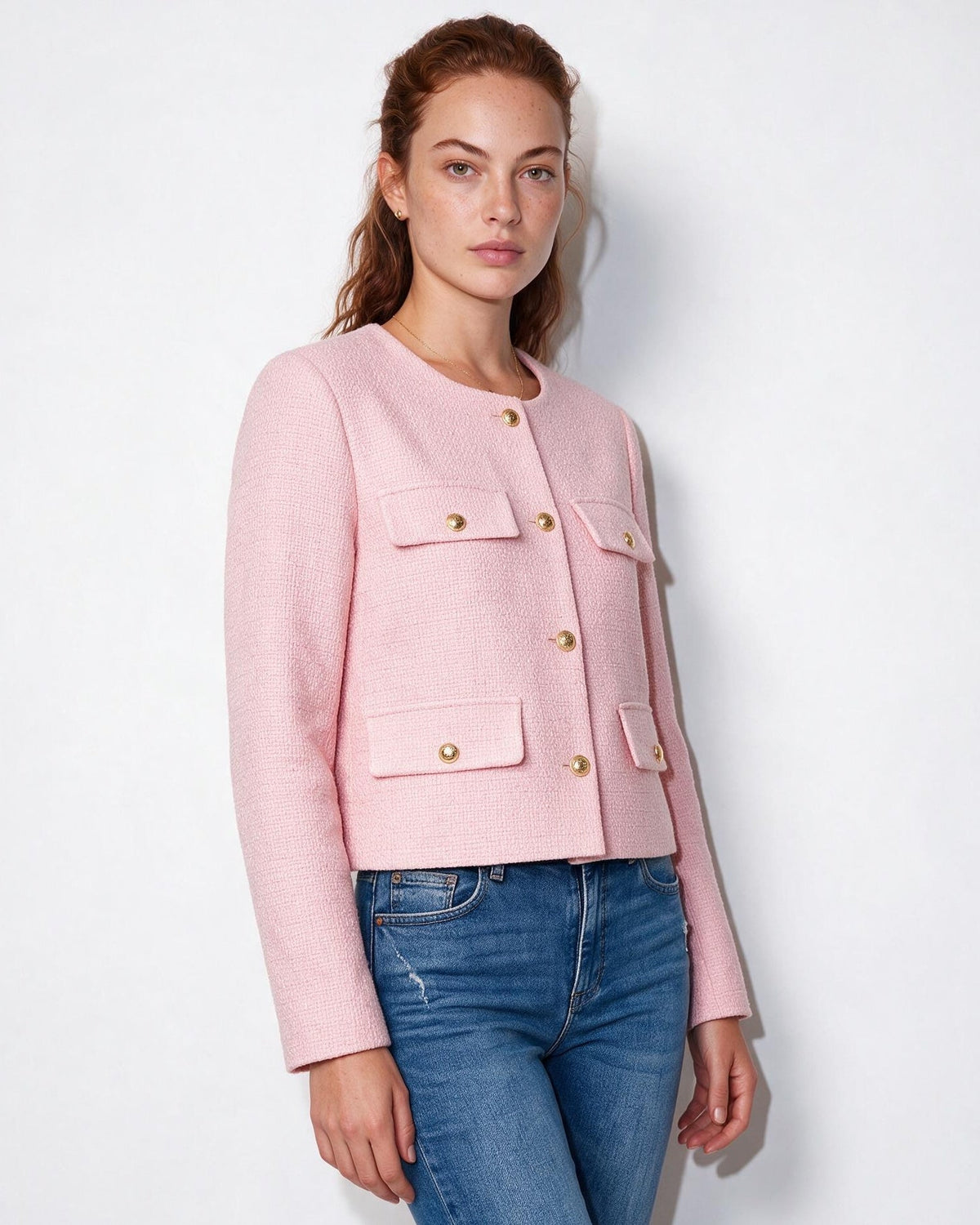 Collarless Four-Pocket Cropped Jacket