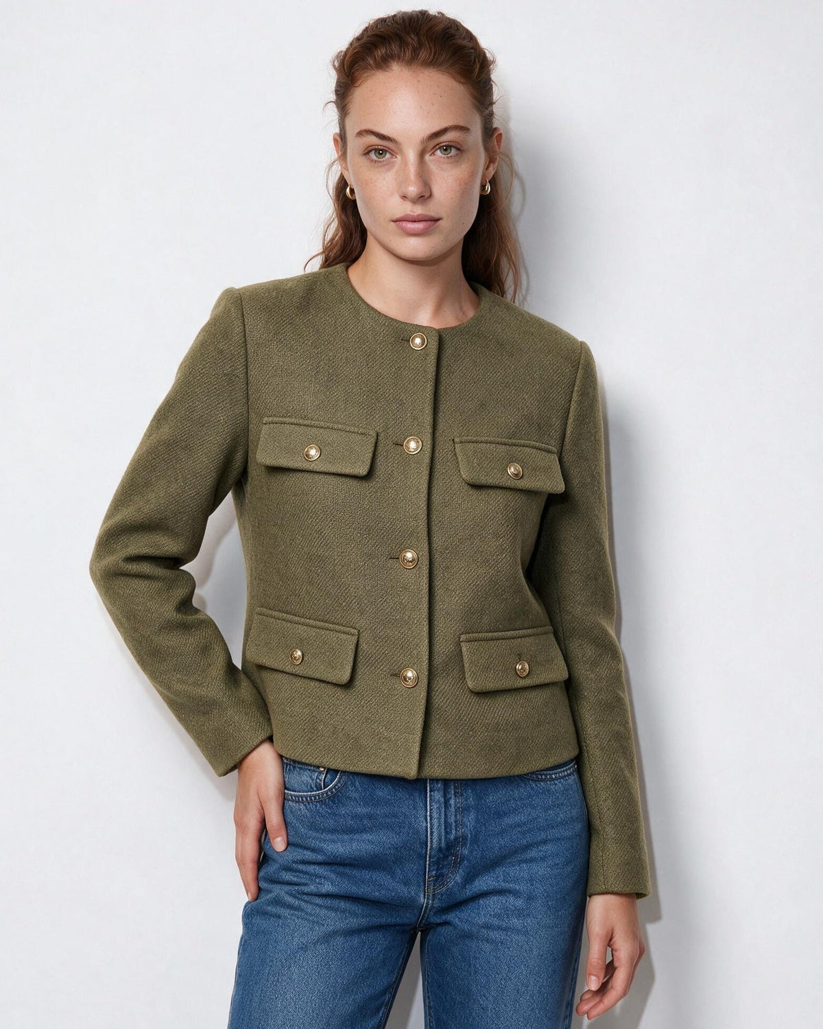 Collarless Four-Pocket Cropped Jacket