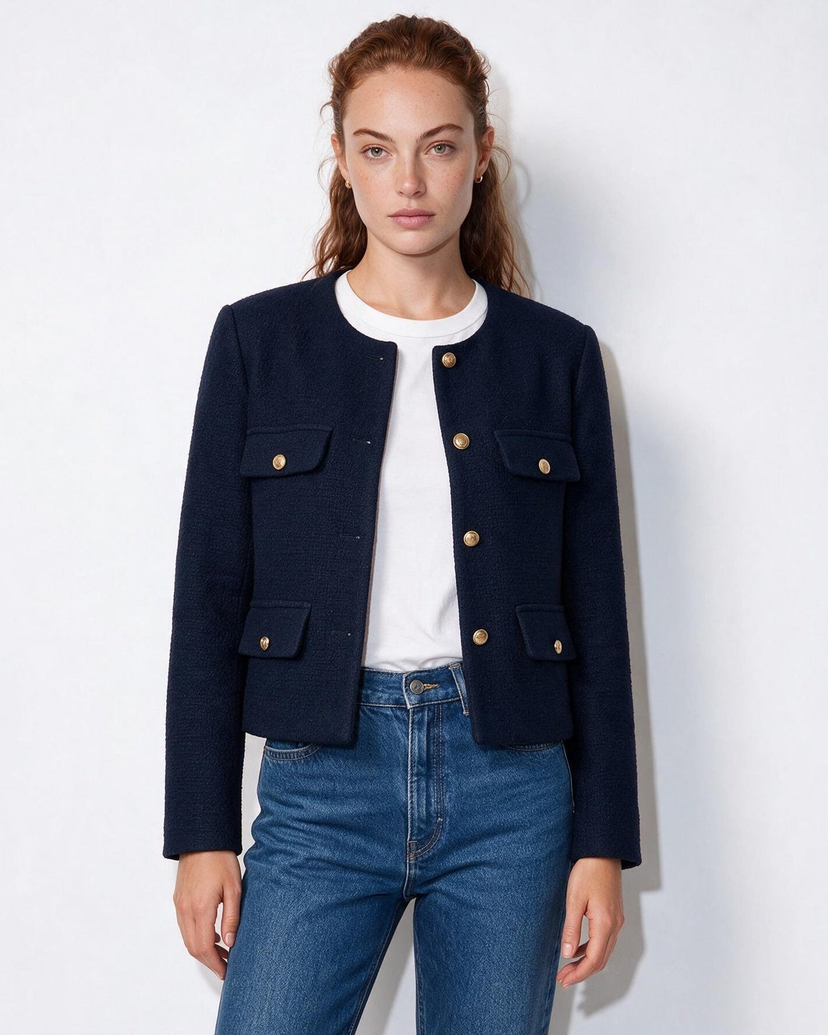 Collarless Four-Pocket Cropped Jacket